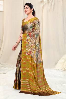 Beige Chiffon Leaf Ikkat Stripe Saree With Unstitched Blouse Piece 3