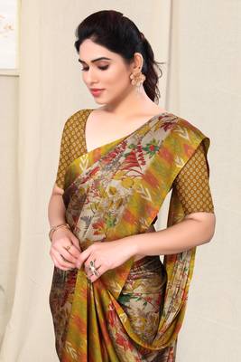 Beige Chiffon Leaf Ikkat Stripe Saree With Unstitched Blouse Piece 1