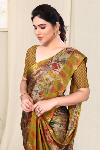 Beige Chiffon Leaf Ikkat Stripe Saree With Unstitched Blouse Piece