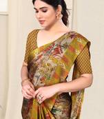 Beige Chiffon Leaf Ikkat Stripe Saree With Unstitched Blouse Piece