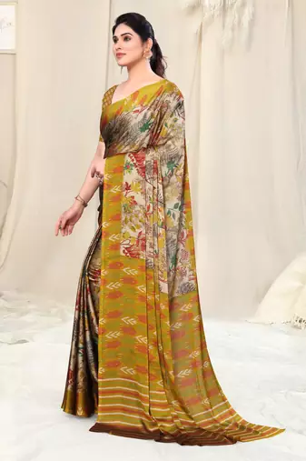 Beige Chiffon Leaf Ikkat Stripe Saree With Unstitched Blouse Piece