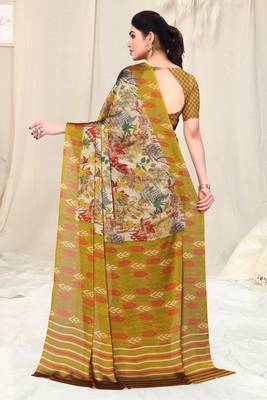 Beige Chiffon Leaf Ikkat Stripe Saree With Unstitched Blouse Piece 5