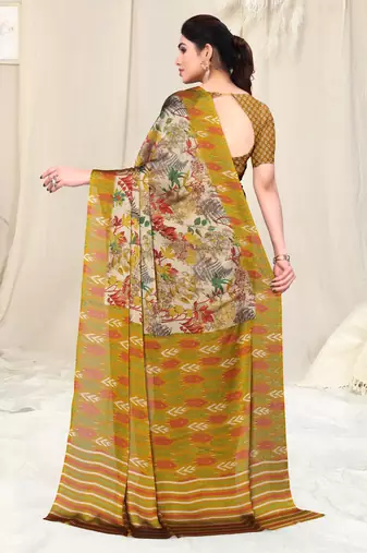 Beige Chiffon Leaf Ikkat Stripe Saree With Unstitched Blouse Piece