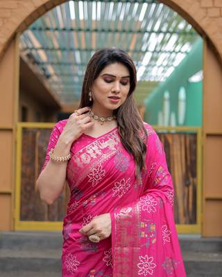 Pink Woven Design Bandhej Silk Blend Saree With Blouse 5