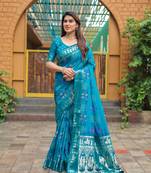 Aqau Blue Woven Design Bandhej Silk Blend Saree With Blouse