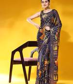 Maple-1-N.Blue   Printed Chiffon Art Sik Saree
