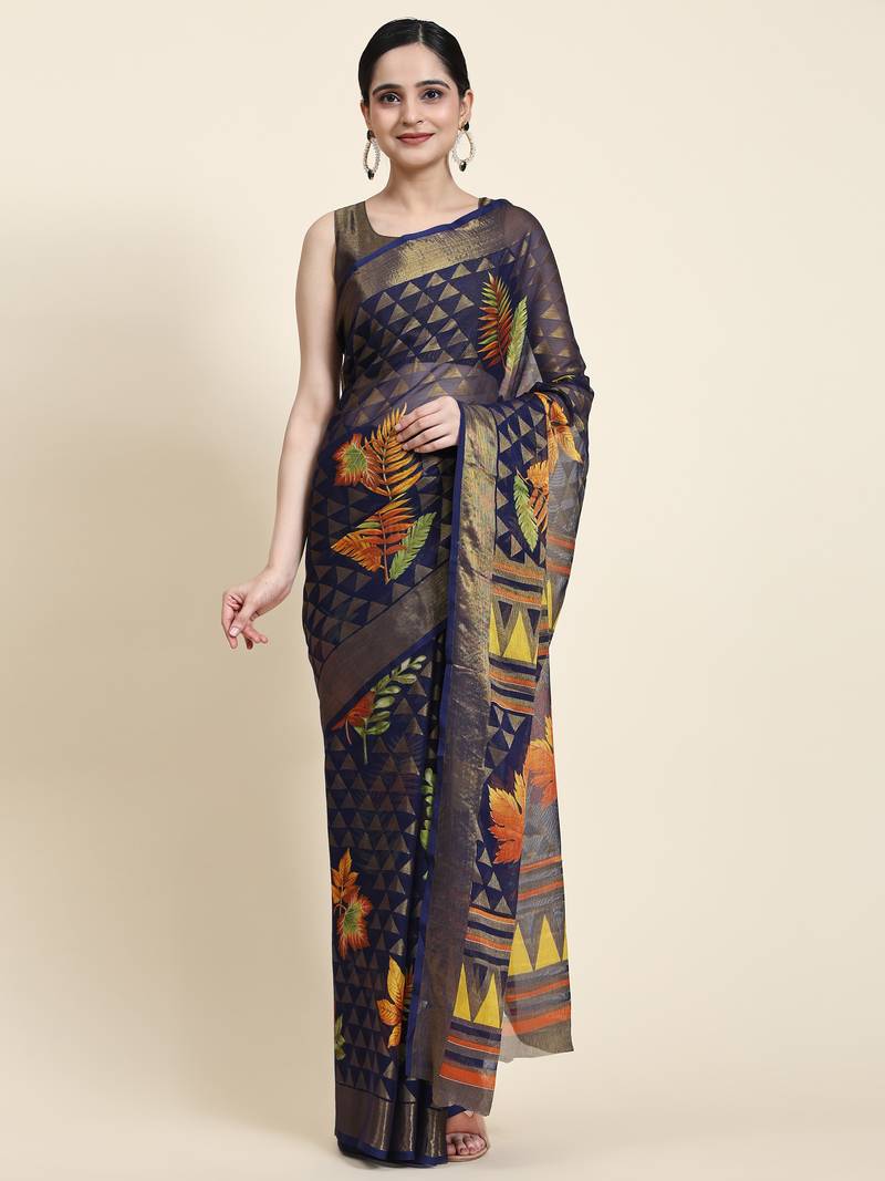 Maple-1-N.Blue   Printed Chiffon Art Sik Saree