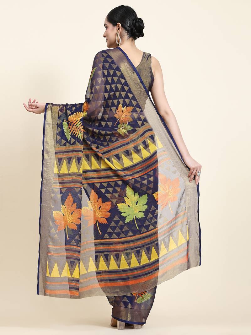 Maple-1-N.Blue   Printed Chiffon Art Sik Saree