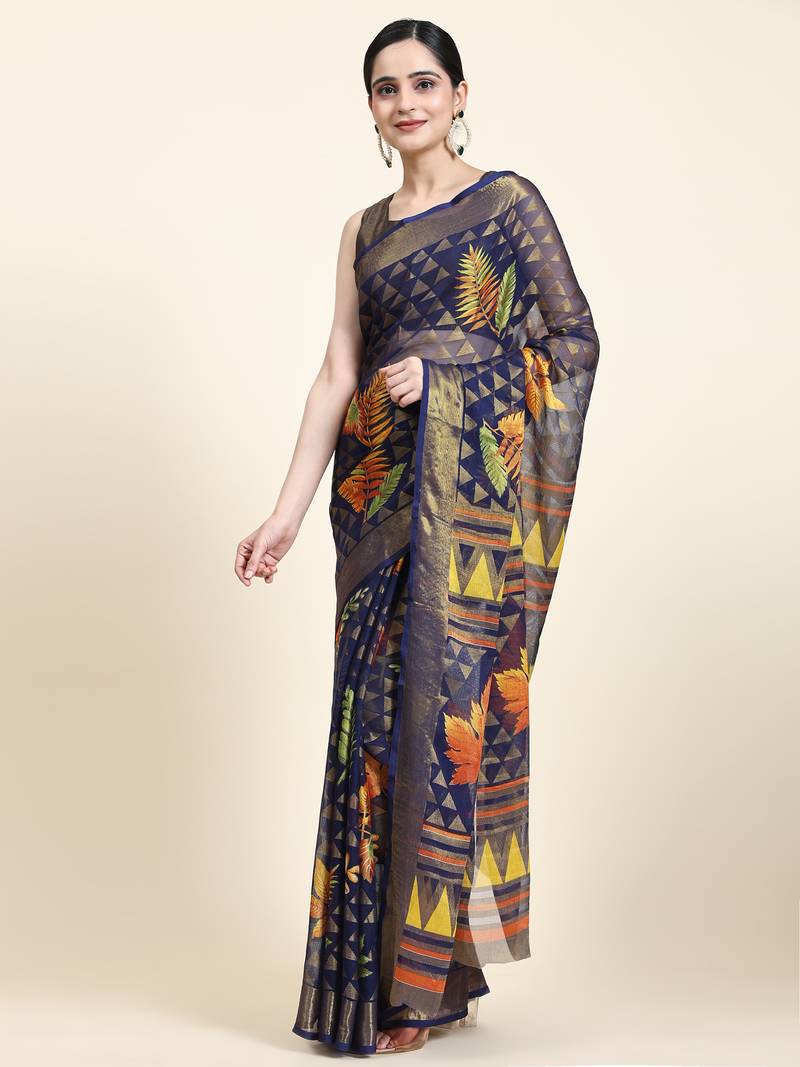 Maple-1-N.Blue   Printed Chiffon Art Sik Saree