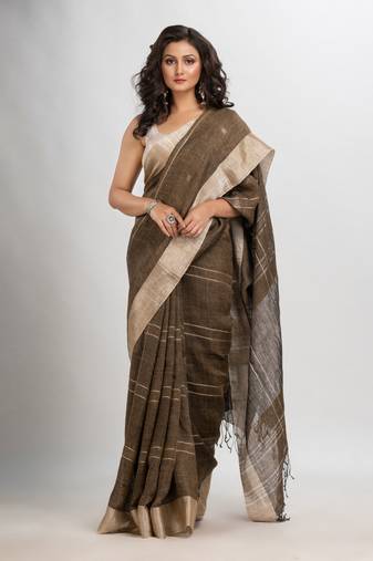 Yellow grey linen jamdani saree