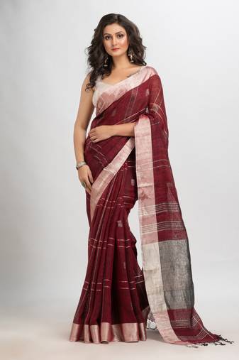 Maroon linen jamdani saree