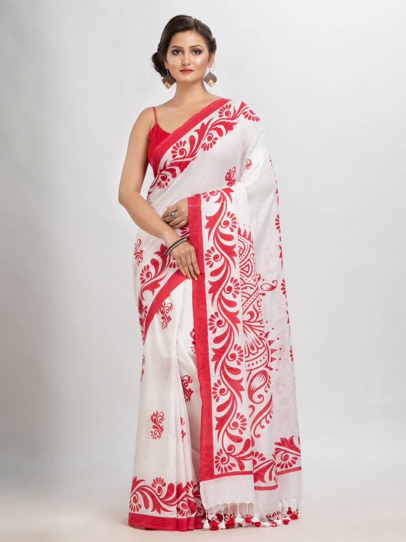 White cotton red border printed saree