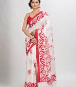 White cotton red border printed saree