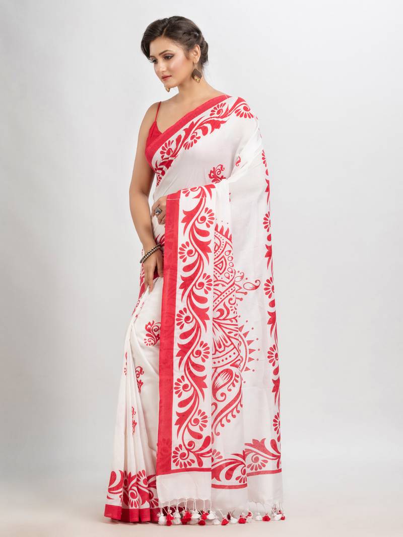 White cotton red border printed saree