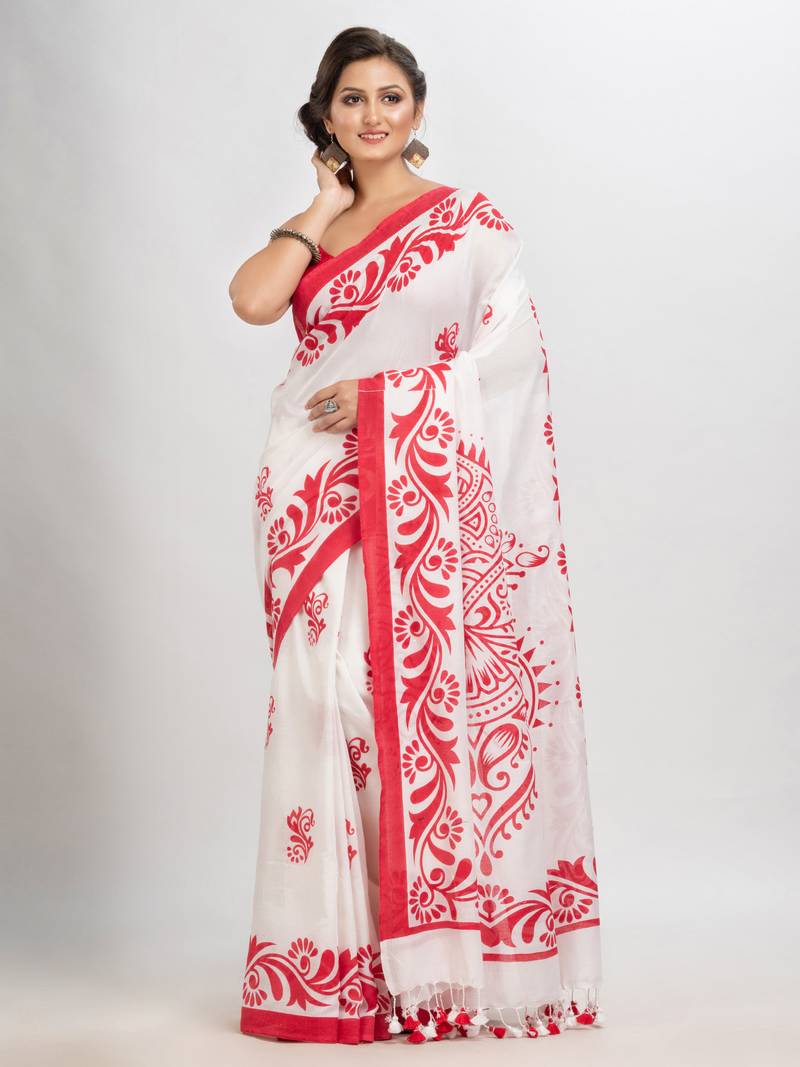 White cotton red border printed saree