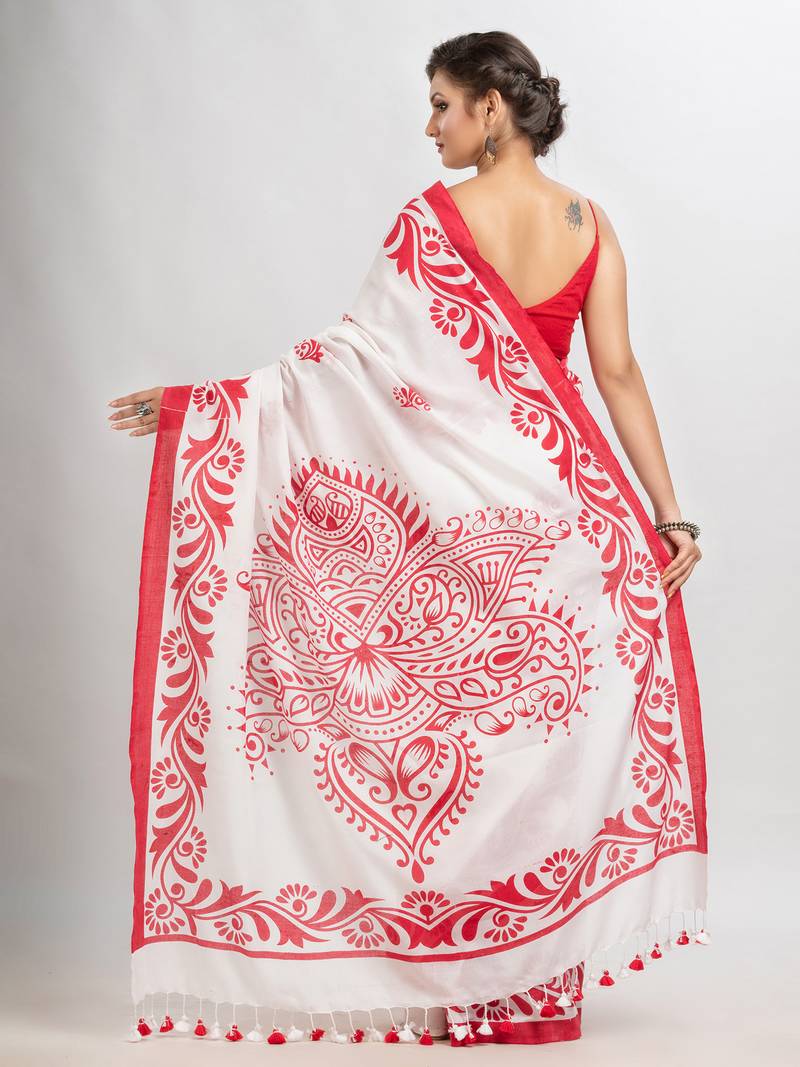 White cotton red border printed saree