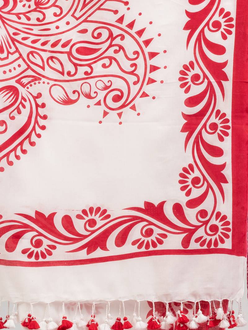 White cotton red border printed saree