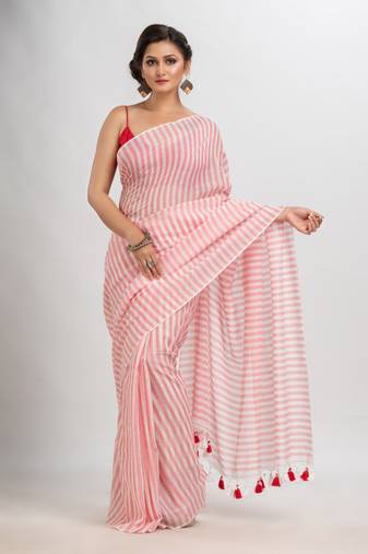 Red & White Stripe Molmol Cotton Saree Without Blouse