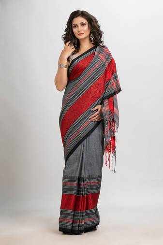 Ash grey begampuri organic cotton saree