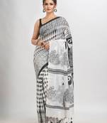 White & Black cotton peacock printed saree