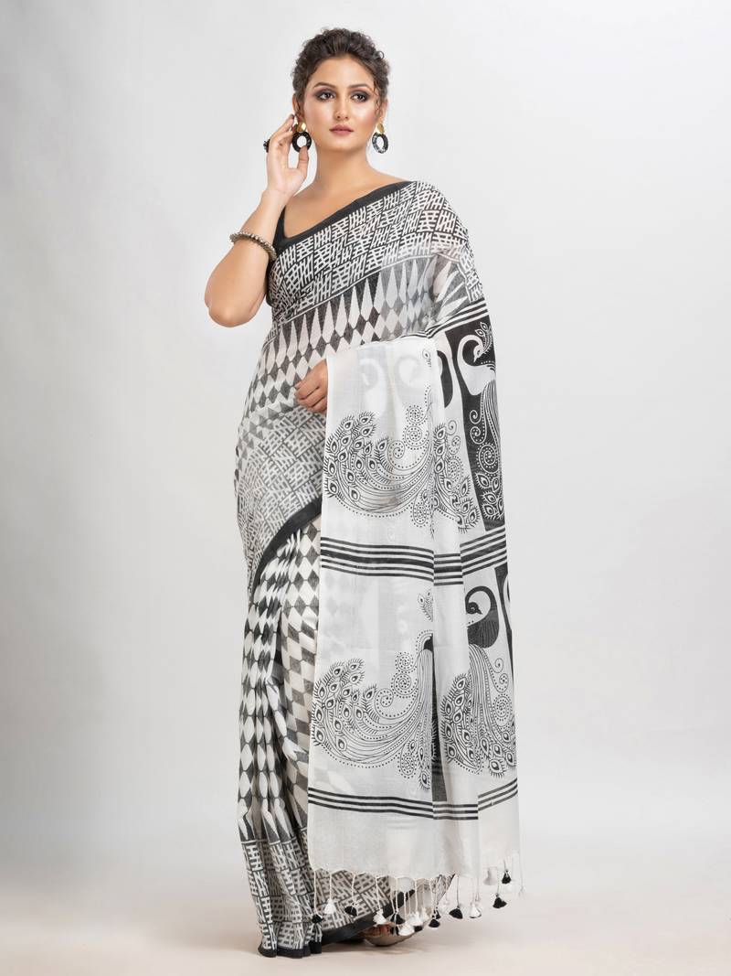 White & Black cotton peacock printed saree