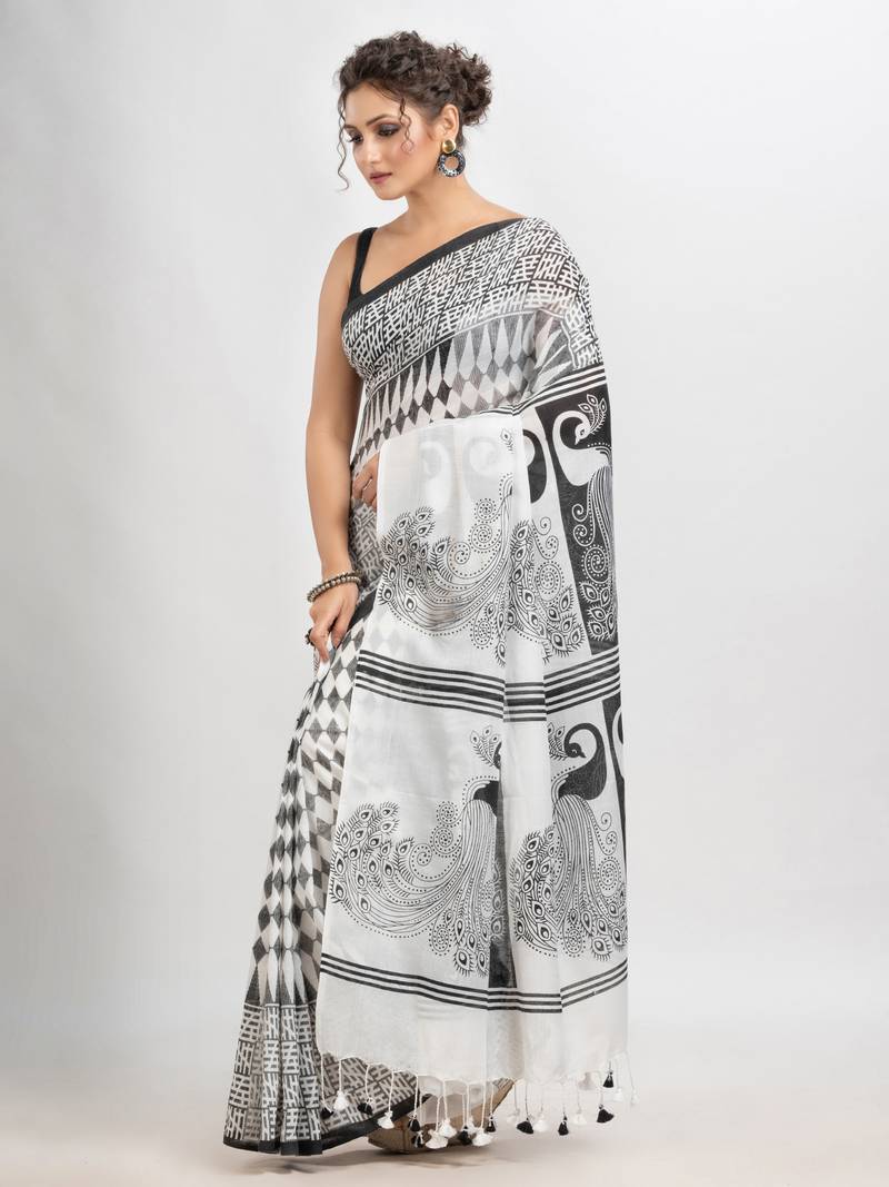 White & Black cotton peacock printed saree