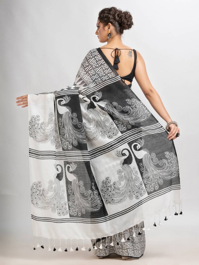 White & Black cotton peacock printed saree