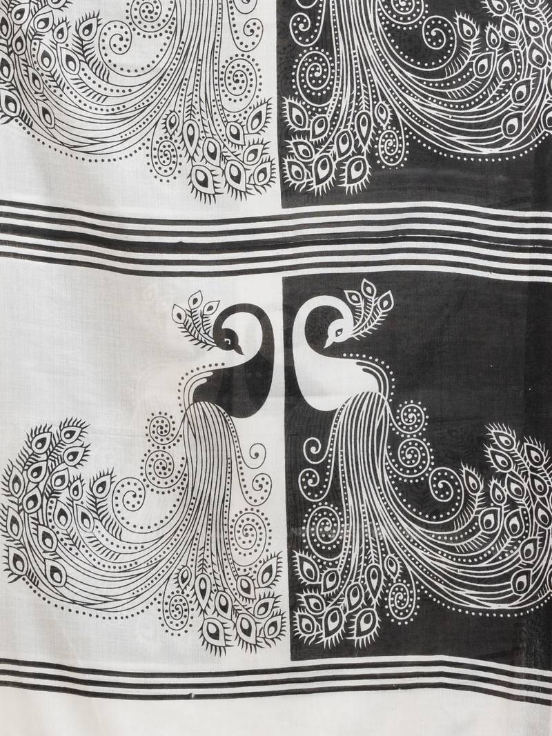 White & Black cotton peacock printed saree