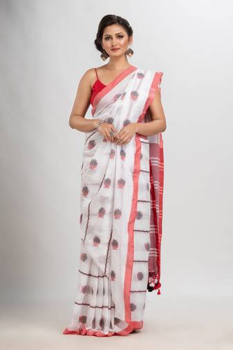 White cotton with jacquard border & pallu stripe handloom saree