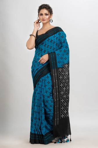 True Blue Cotton Blend Star Printed Saree Without Blouse