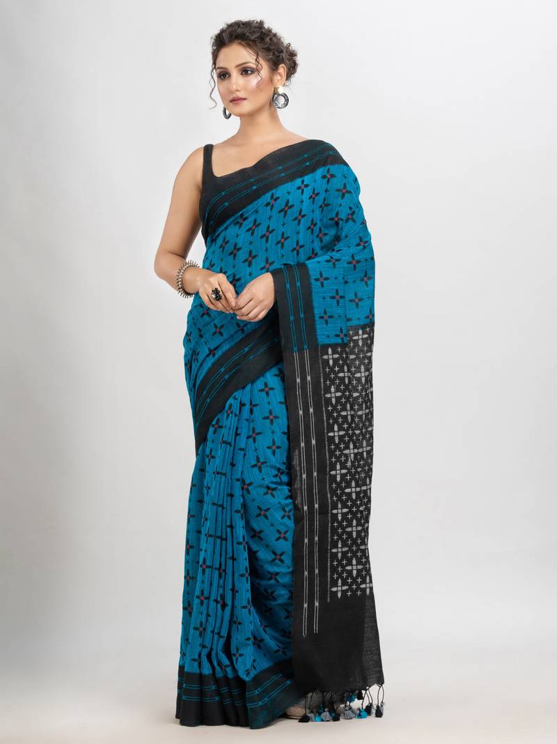 True Blue Cotton Blend Star Printed Saree Without Blouse