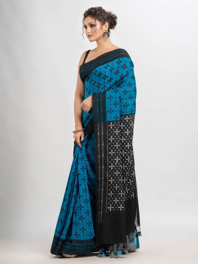 True Blue Cotton Blend Star Printed Saree Without Blouse