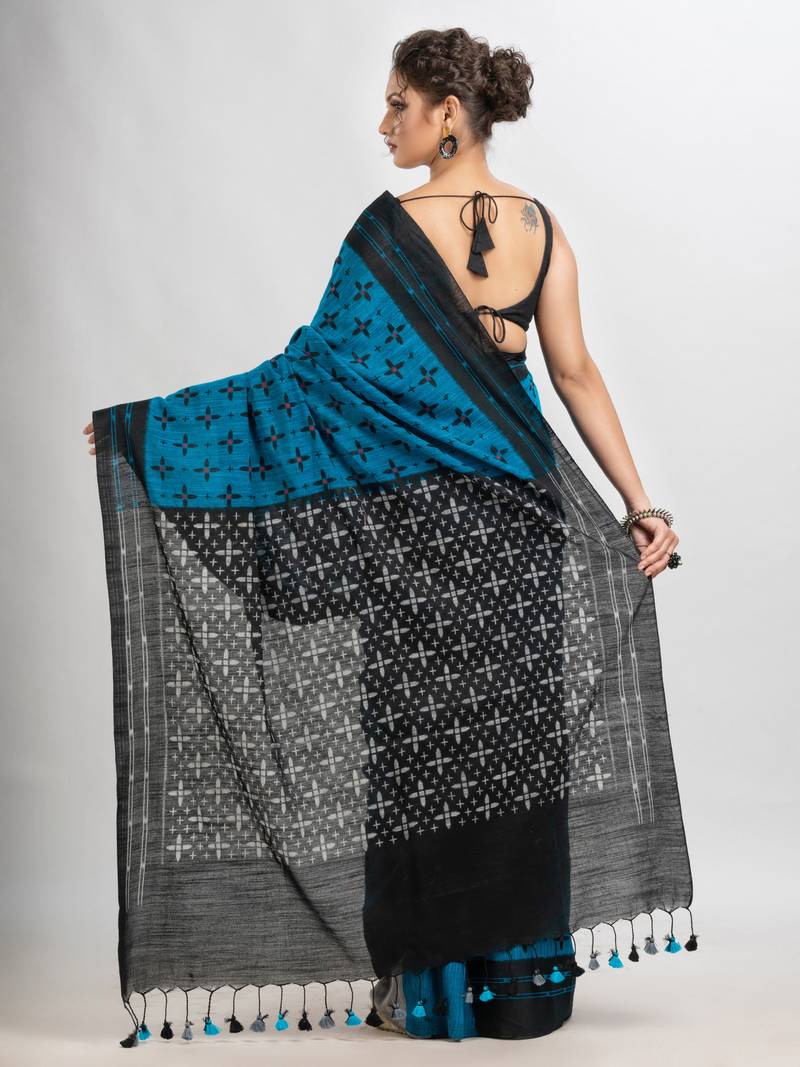 True Blue Cotton Blend Star Printed Saree Without Blouse