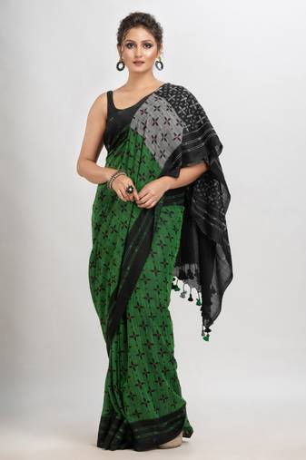 Slimy Green Cotton Blend Star Printed Saree Without Blouse