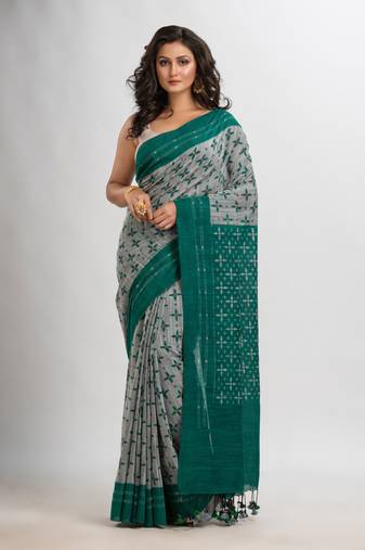 Silver Cotton Blend Star Printed Saree Without Blouse