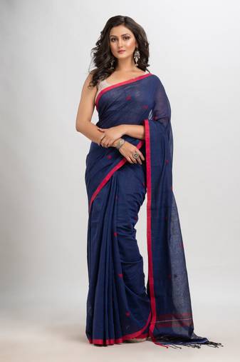 Royal blue cotton with jacquard border jamdani saree