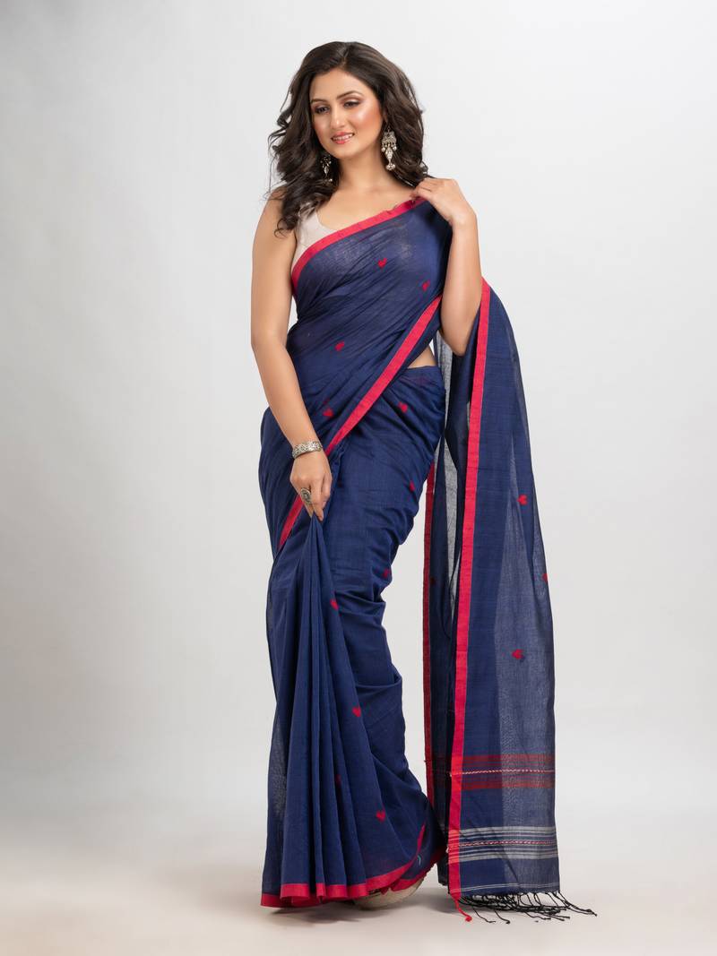 Royal blue cotton with jacquard border jamdani saree