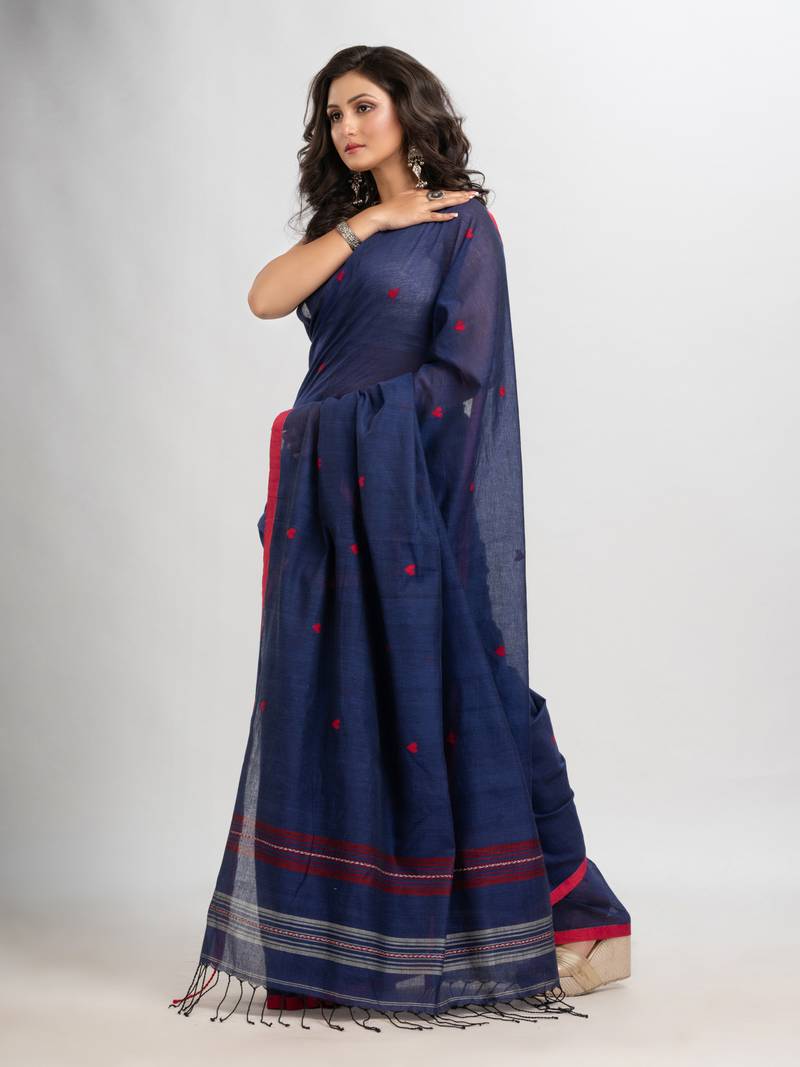 Royal blue cotton with jacquard border jamdani saree