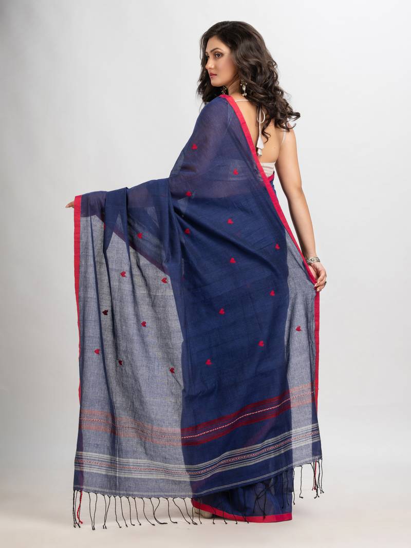 Royal blue cotton with jacquard border jamdani saree