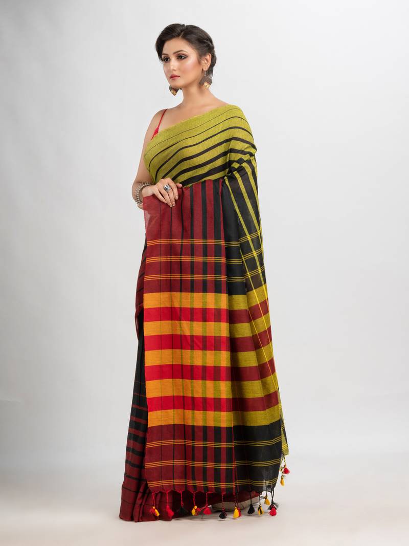 White Mul Cotton Handloom Saree with Multicolor Pallu