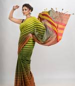 Fren green cotton blend pallu with multi colour stripe handloom saree