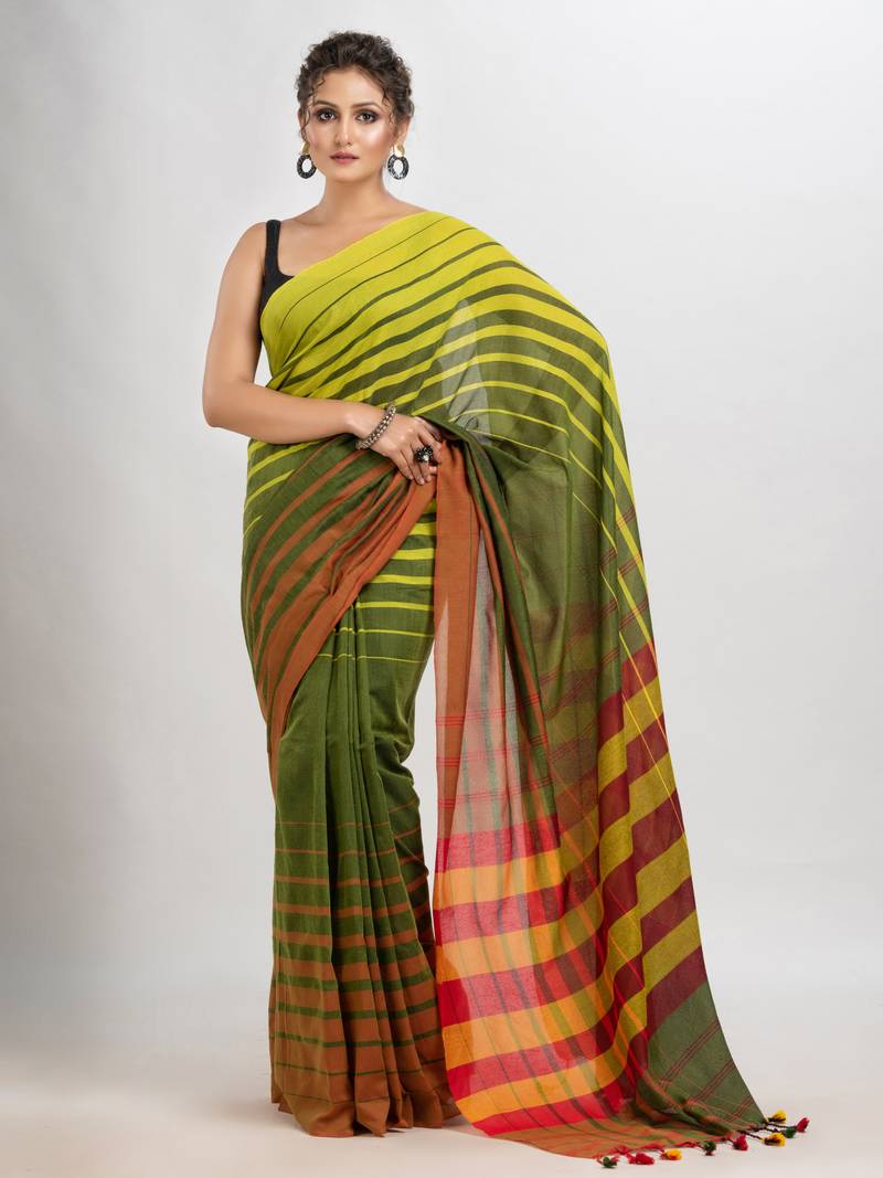 Fren green cotton blend pallu with multi colour stripe handloom saree