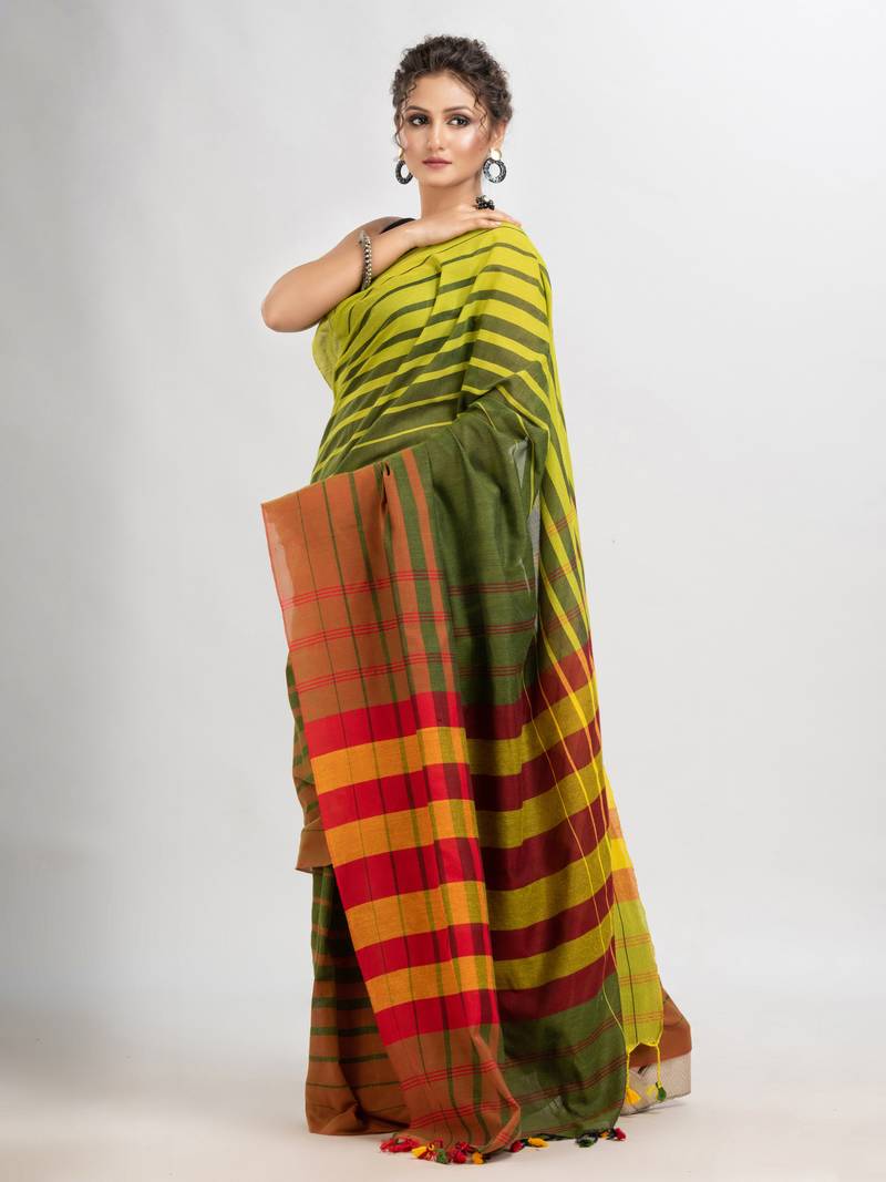 Fren green cotton blend pallu with multi colour stripe handloom saree