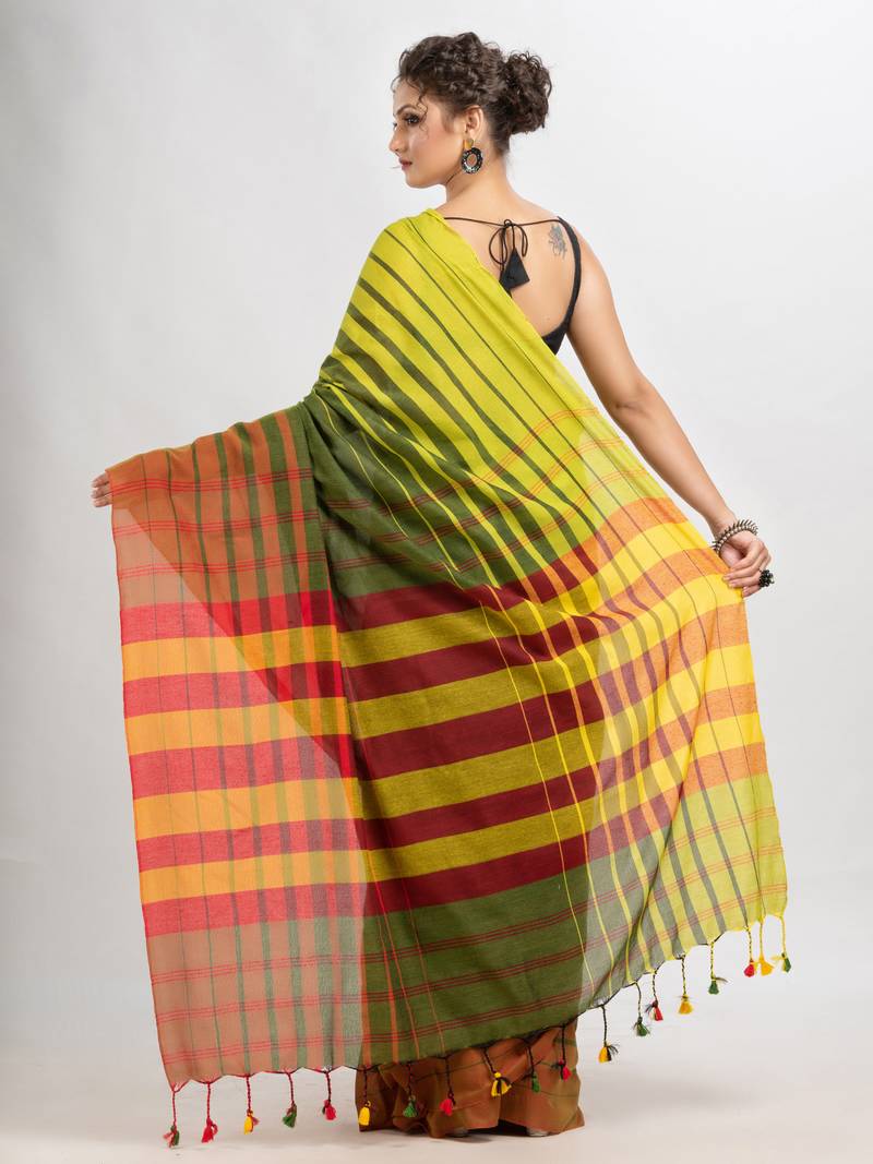 Fren green cotton blend pallu with multi colour stripe handloom saree