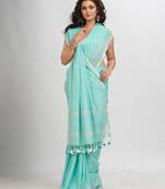 Paled Turquoise cotton with Jacquard Zari border and zari Stripe pallu handloom Saree