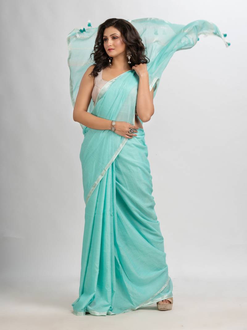 Paled Turquoise cotton with Jacquard Zari border and zari Stripe pallu handloom Saree
