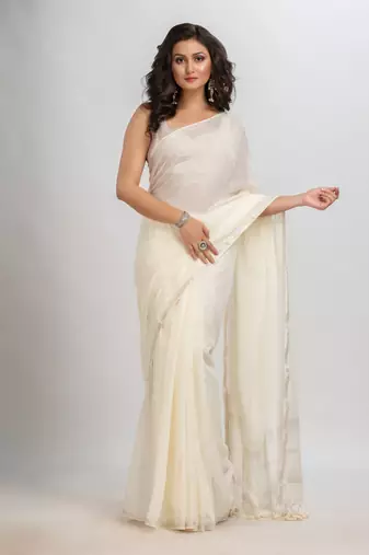 White cotton with Jacquard Zari border and zari Stripe pallu handloom Saree