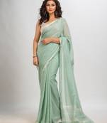Sage green cotton with Jacquard Zari border and zari Stripe pallu handloom Saree