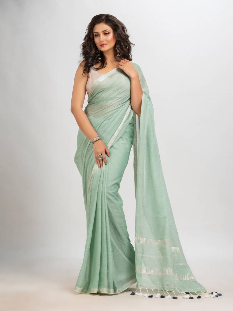 Sage green cotton with Jacquard Zari border and zari Stripe pallu handloom Saree