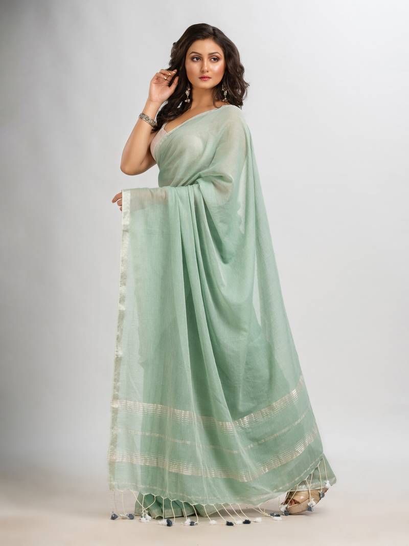 Sage green cotton with Jacquard Zari border and zari Stripe pallu handloom Saree